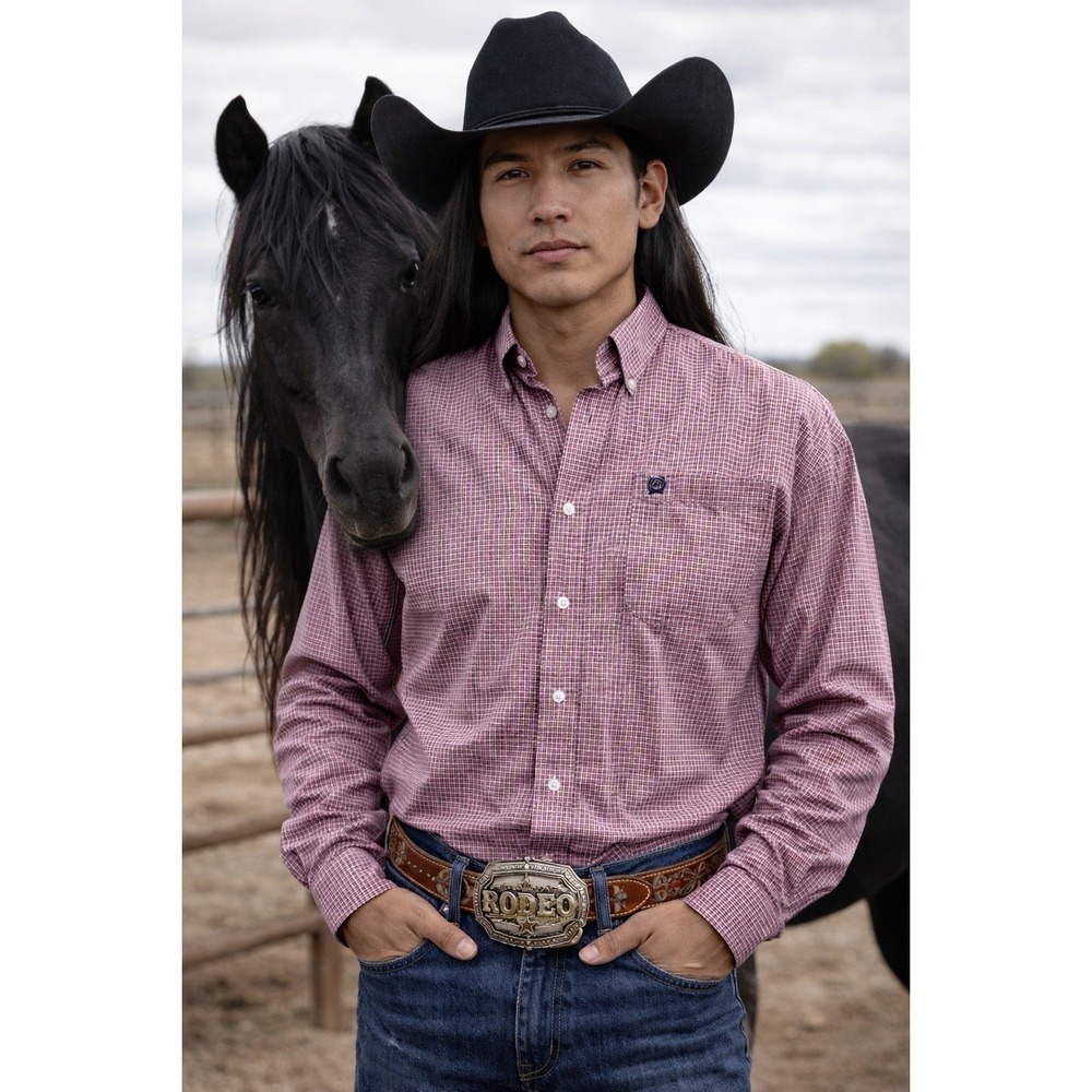 CINCH Button Down Shirt Medium  Plaid Western Cowboy Rodeo red white Gray